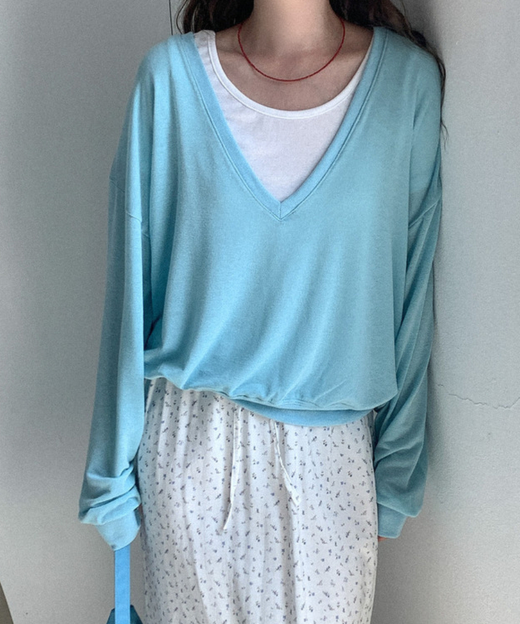 シアーVネックトレーナートップス BLUE