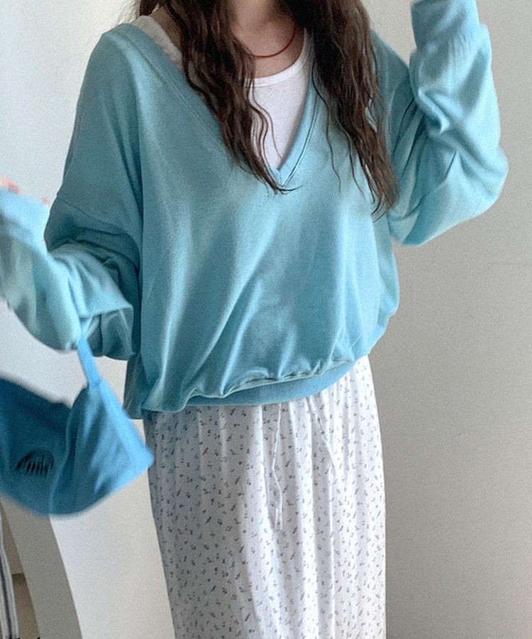 シアーVネックトレーナートップス BLUE