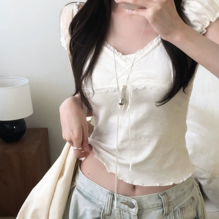 レースキャップスリーブフリルTシャツ IVORY