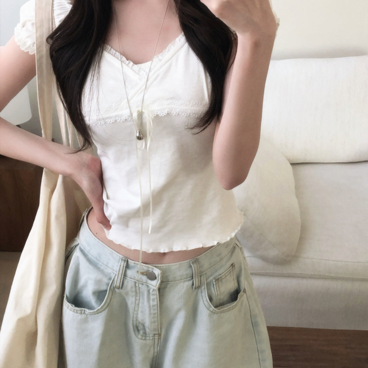 レースキャップスリーブフリルTシャツ IVORY