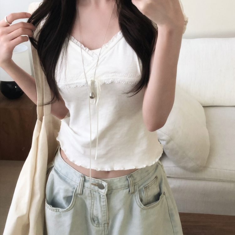 レースキャップスリーブフリルTシャツ IVORY