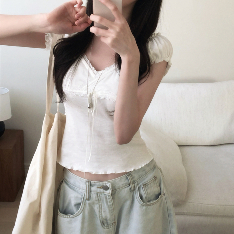 レースキャップスリーブフリルTシャツ IVORY