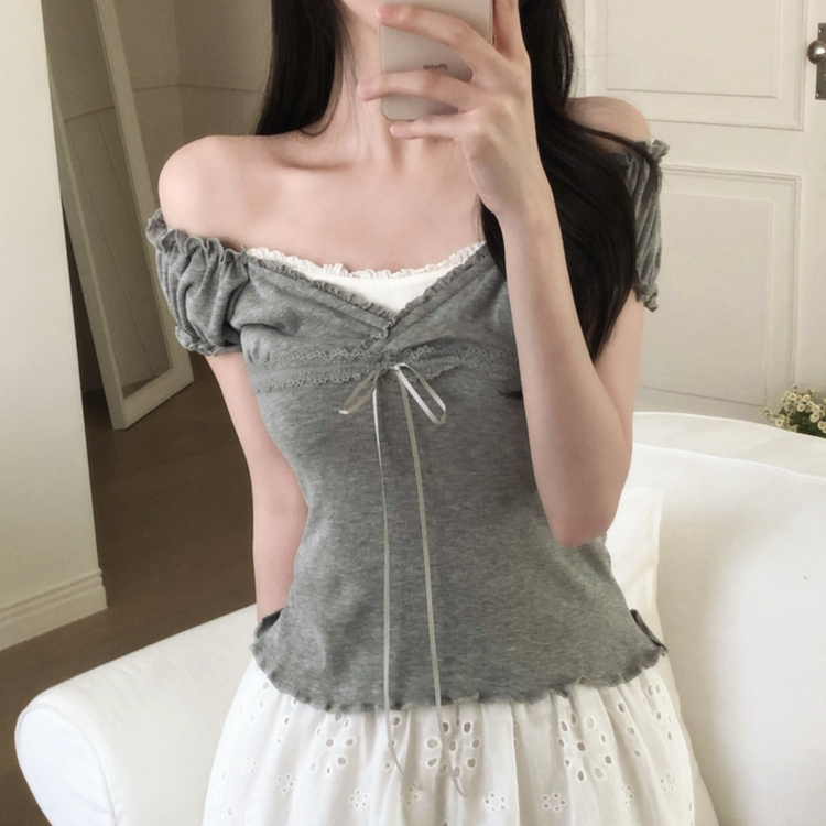 レースキャップスリーブフリルTシャツ GREY