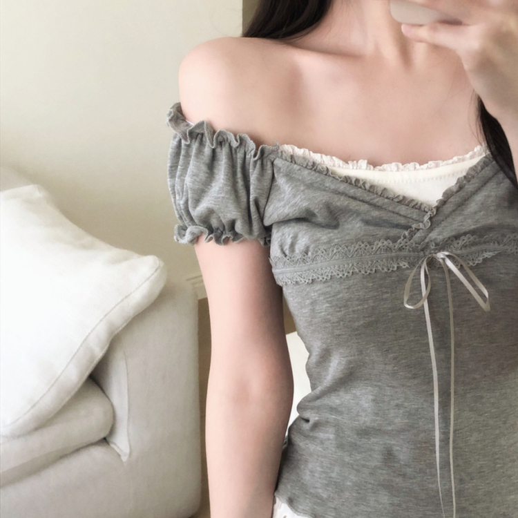 レースキャップスリーブフリルTシャツ GREY