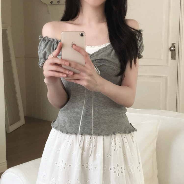 レースキャップスリーブフリルTシャツ GREY