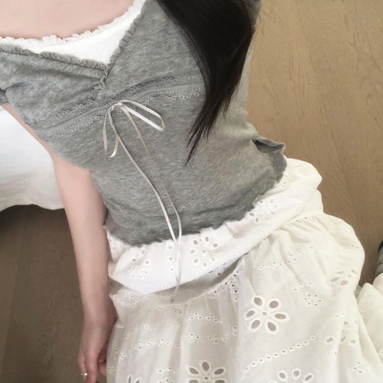 レースキャップスリーブフリルTシャツ GREY