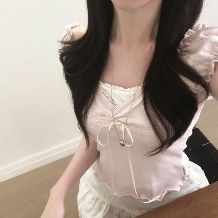 レースキャップスリーブフリルTシャツ PINK