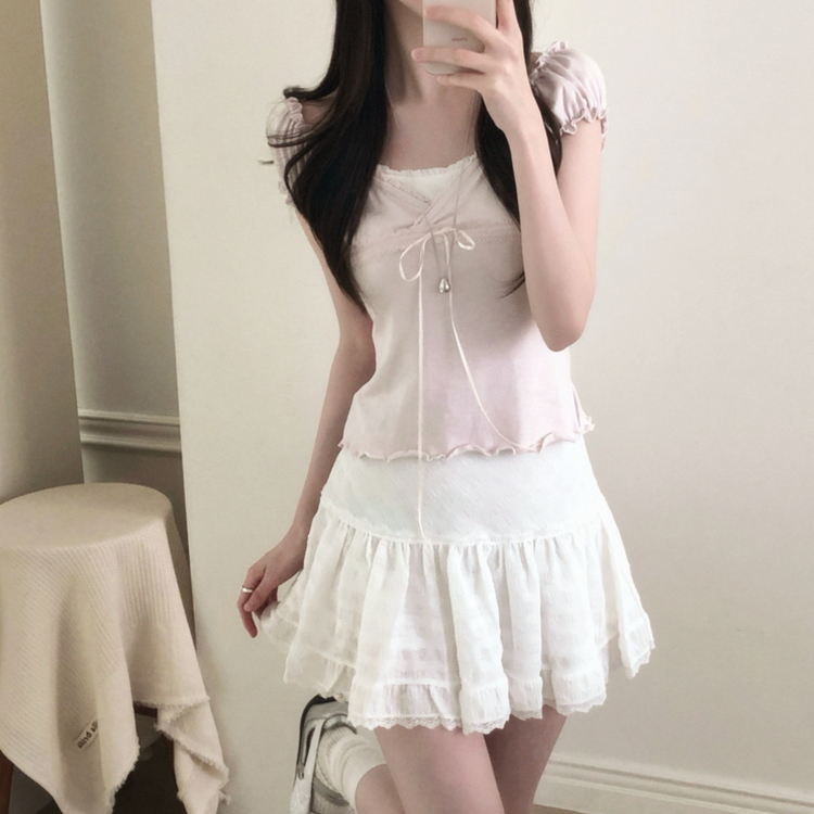 レースキャップスリーブフリルTシャツ PINK