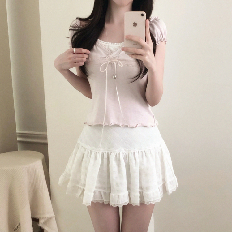 レースキャップスリーブフリルTシャツ PINK