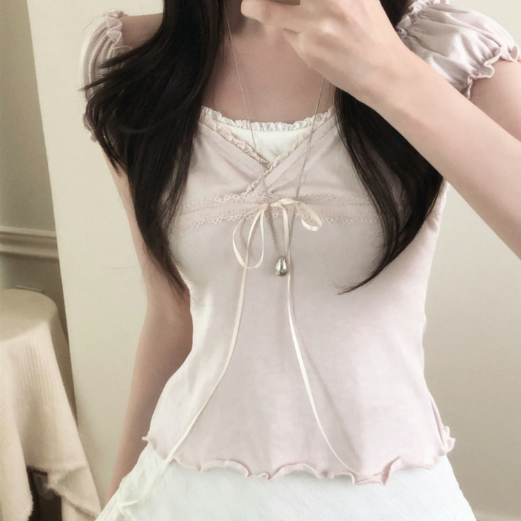 レースキャップスリーブフリルTシャツ PINK