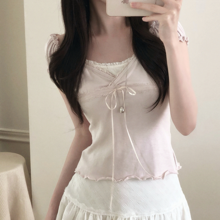 レースキャップスリーブフリルTシャツ PINK