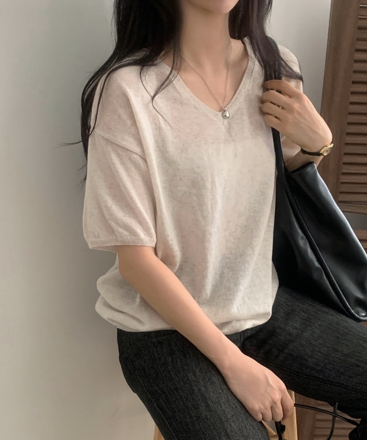ソフトVネック半袖ニット(7color) BEIGE
