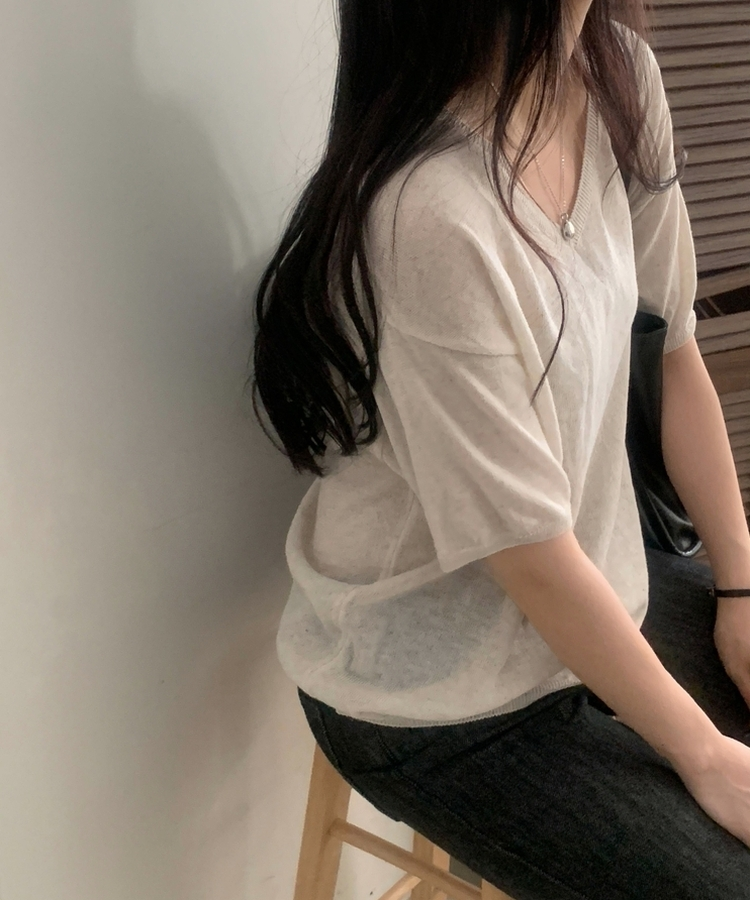 ソフトVネック半袖ニット(7color) BEIGE