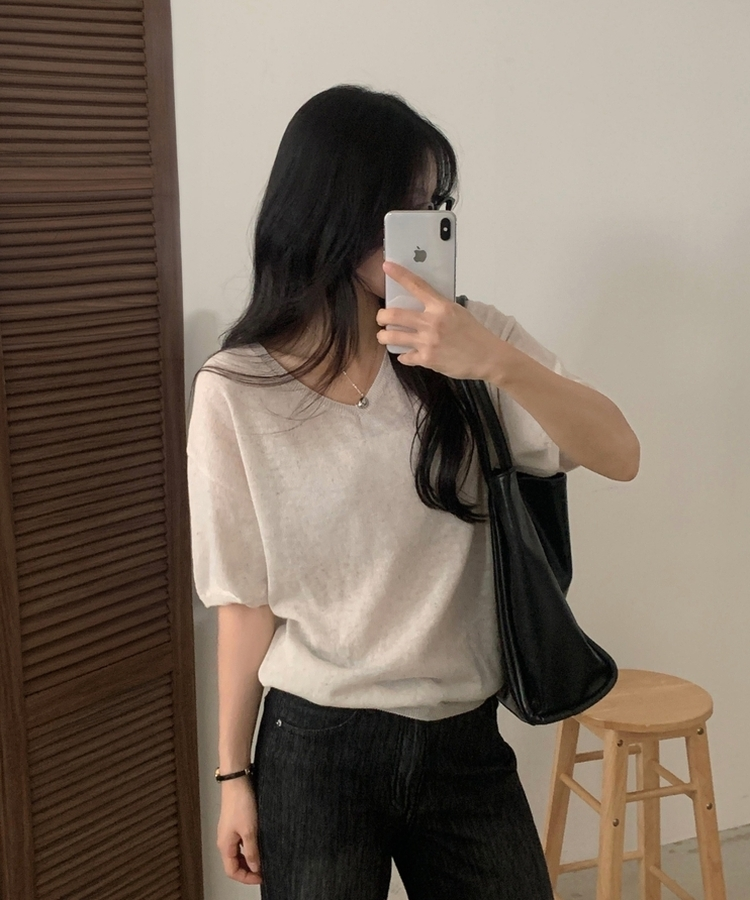 ソフトVネック半袖ニット(7color) BEIGE
