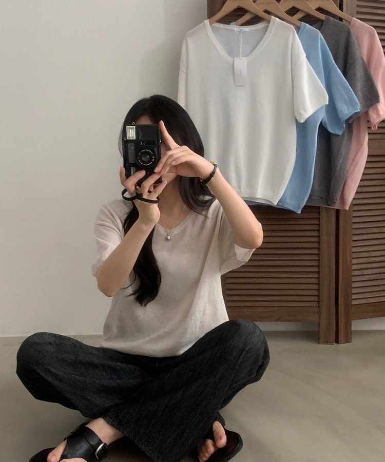 ソフトVネック半袖ニット(7color) BEIGE