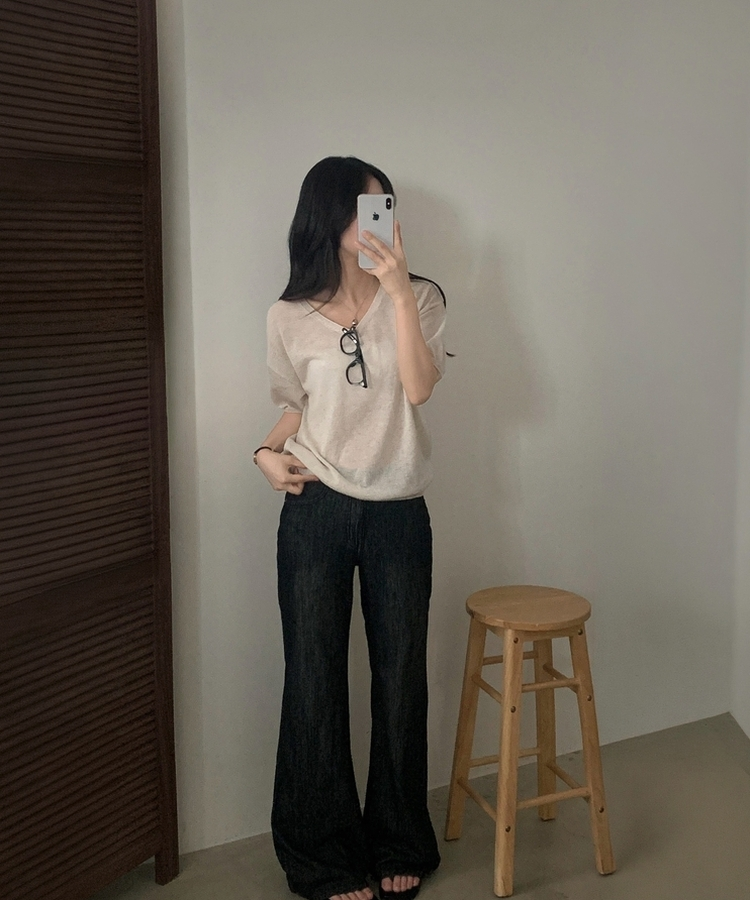 ソフトVネック半袖ニット(7color) BEIGE