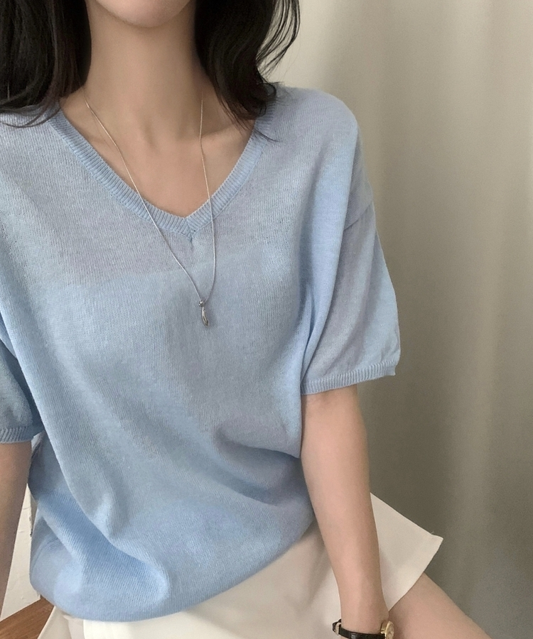 ソフトVネック半袖ニット(7color) SKY BLUE