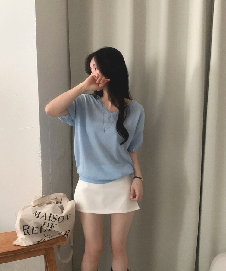 ソフトVネック半袖ニット(7color) SKY BLUE
