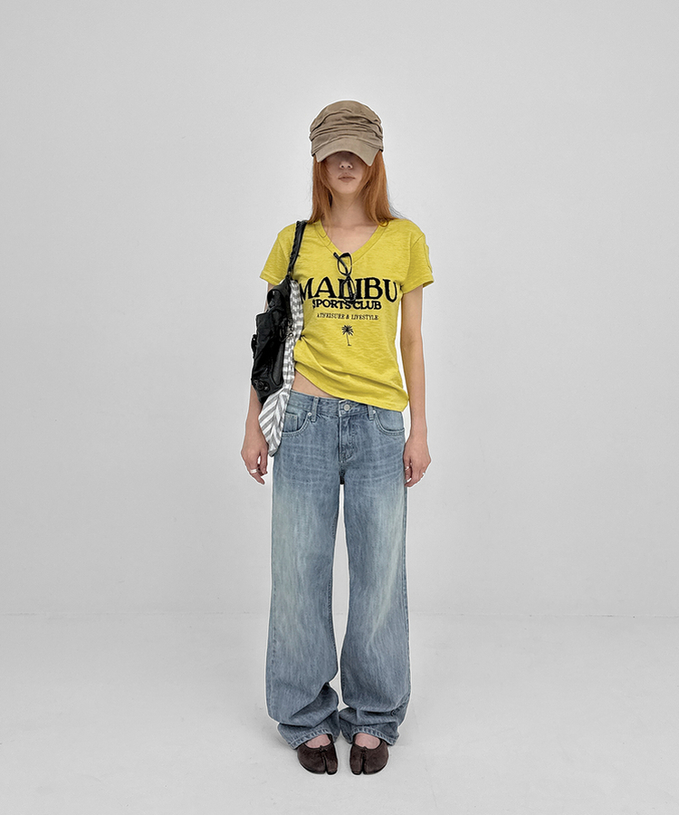 レタリングVネックポケット半袖Tシャツ YELLOW