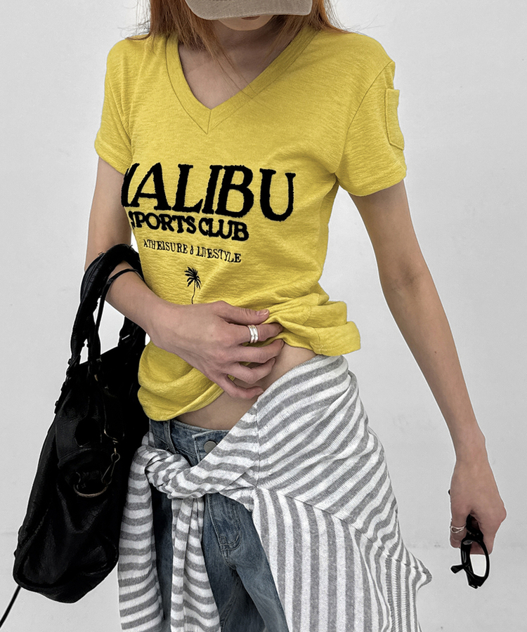 レタリングVネックポケット半袖Tシャツ YELLOW