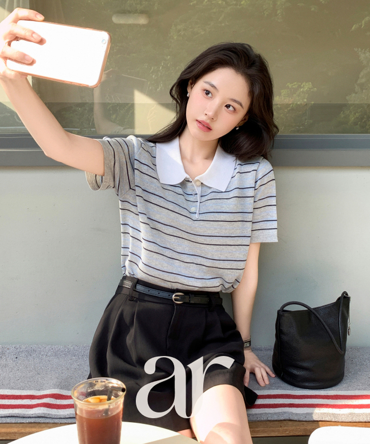 (韓国製)（国内製作）（ストライプ／さらさらリネン／デイリー推薦♥）ストライプ 配色カラー リネン 半袖ニット GRAY