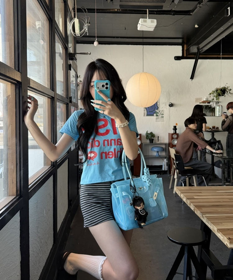 빅로고 크롭 반팔 티셔츠 아쿠아블루