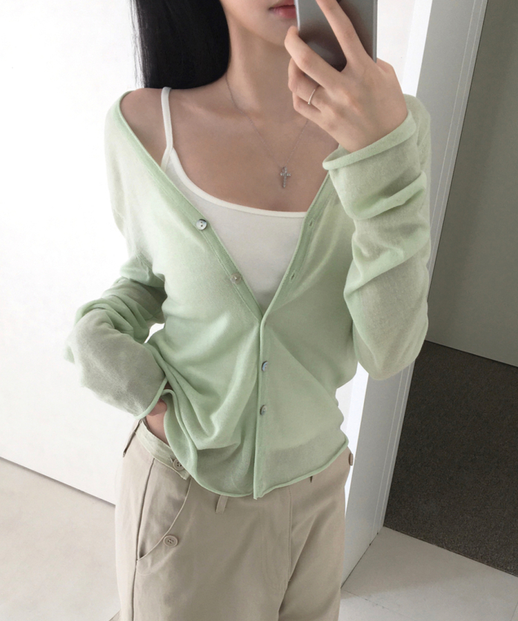 リネンシアーVネック長袖カーディガン(7color) MINT