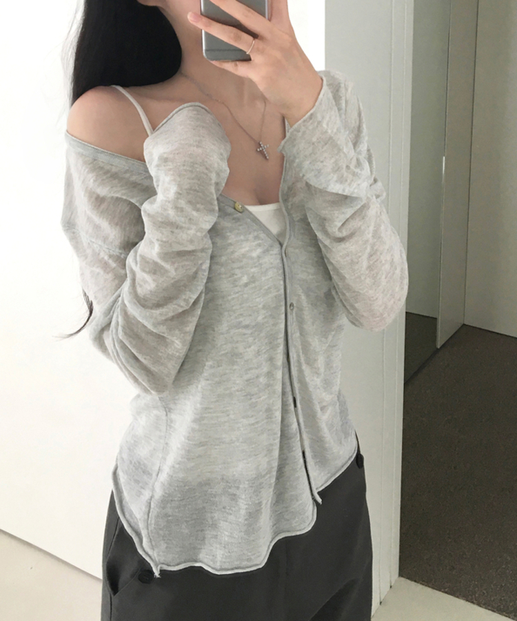 リネンシアーVネック長袖カーディガン(7color) GREY