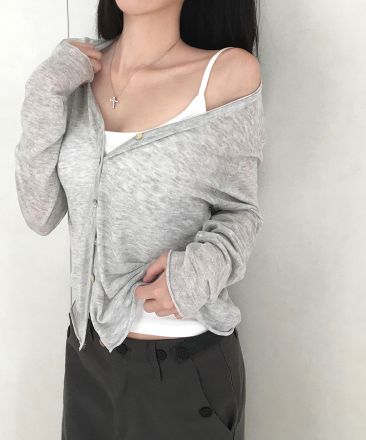 リネンシアーVネック長袖カーディガン(7color) GREY