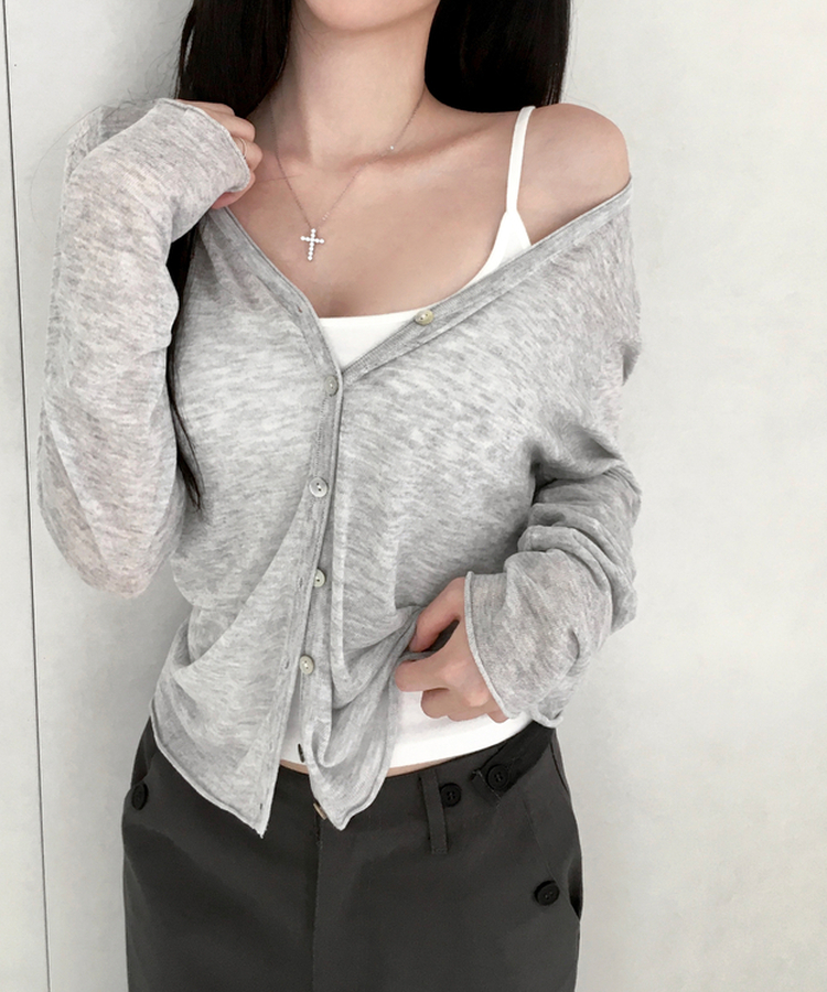 リネンシアーVネック長袖カーディガン(7color) GREY