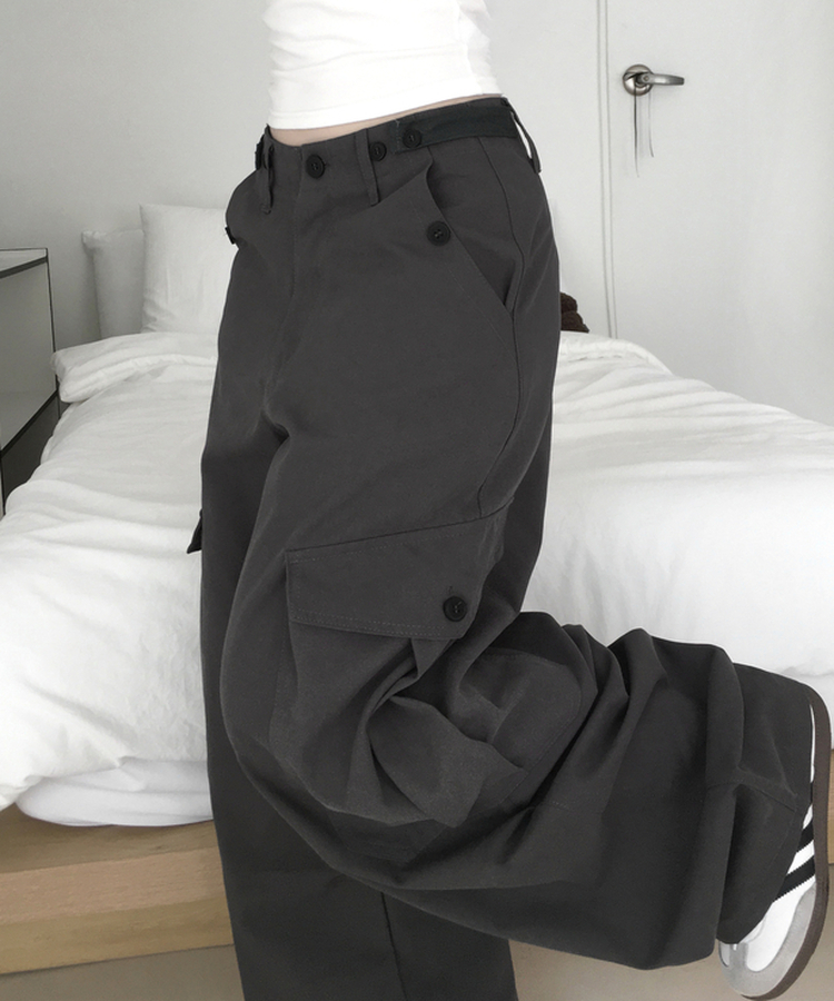 엔키 와이드 카고 롱 팬츠 코튼 면 바지 빅 포켓 허리조절 단추 핀턱 유니크 빈티지 데일리 하비추천 여름신상여름바지여름팬츠 차콜