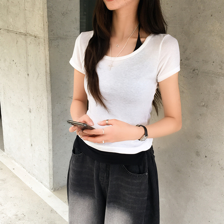 【SET】Uネック半袖Tシャツ＋ホルターキャミソール(5color) BLACK