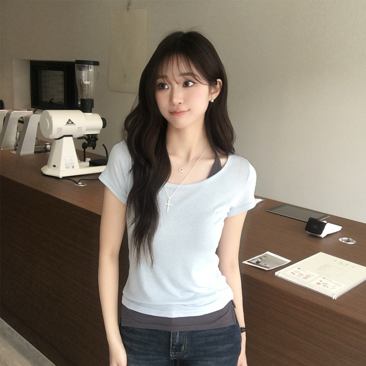 【SET】Uネック半袖Tシャツ＋ホルターキャミソール(5color) SKY BLUE