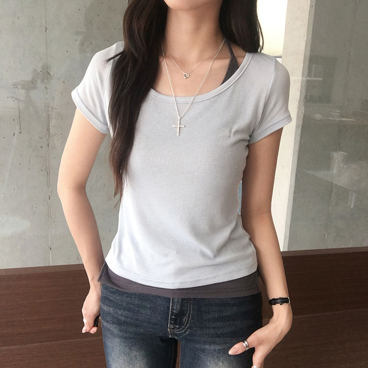 【SET】Uネック半袖Tシャツ＋ホルターキャミソール(5color) SKY BLUE