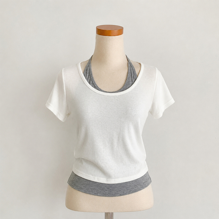 【SET】Uネック半袖Tシャツ＋ホルターキャミソール(5color)