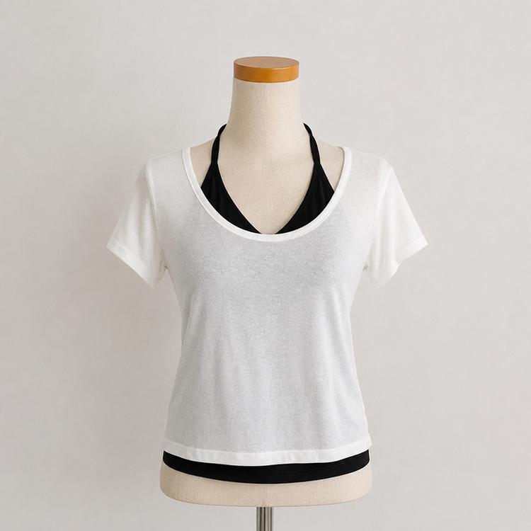 【SET】Uネック半袖Tシャツ＋ホルターキャミソール(5color)