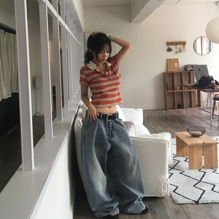 ストライプクロップカラーネック半袖Tシャツ ORNAGE