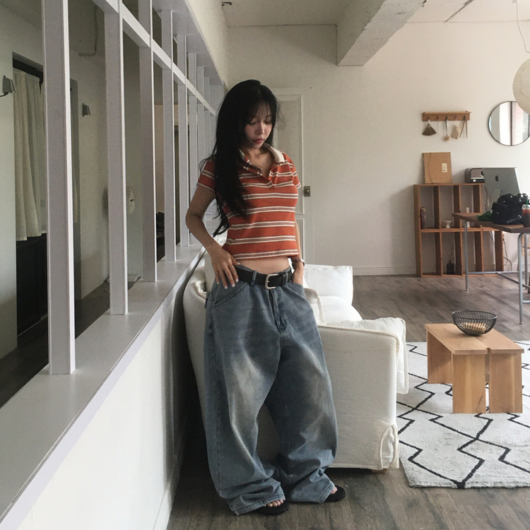 ストライプクロップカラーネック半袖Tシャツ ORNAGE