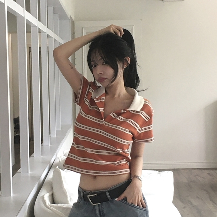 ストライプクロップカラーネック半袖Tシャツ ORNAGE