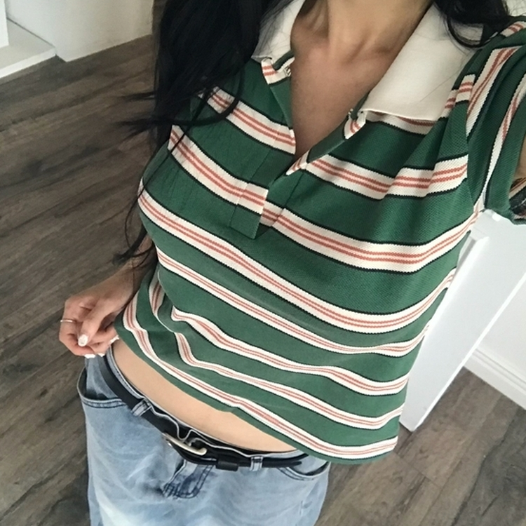 ストライプクロップカラーネック半袖Tシャツ GREEN