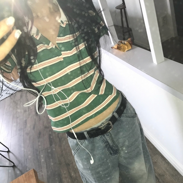 ストライプクロップカラーネック半袖Tシャツ GREEN