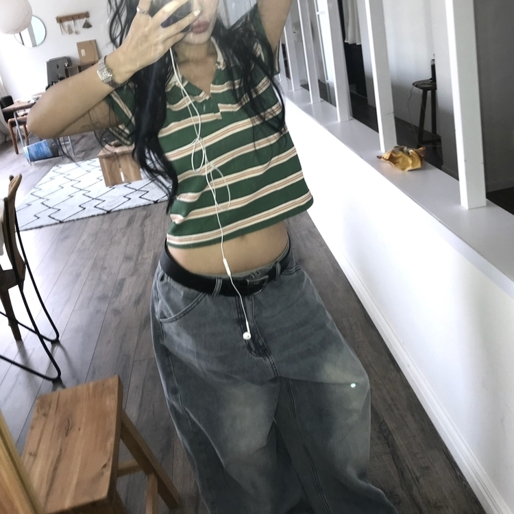 ストライプクロップカラーネック半袖Tシャツ GREEN