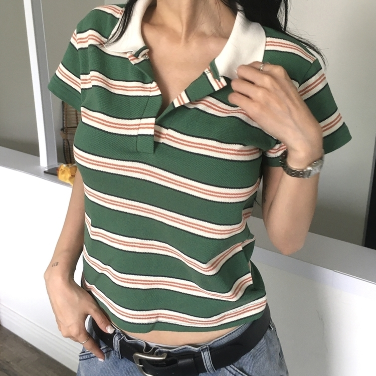 ストライプクロップカラーネック半袖Tシャツ GREEN