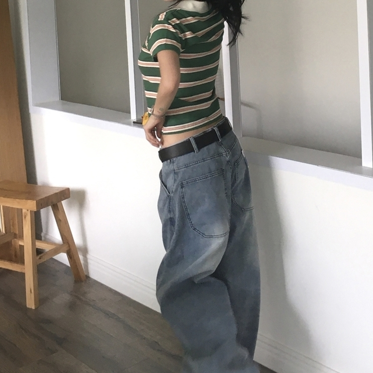 ストライプクロップカラーネック半袖Tシャツ GREEN