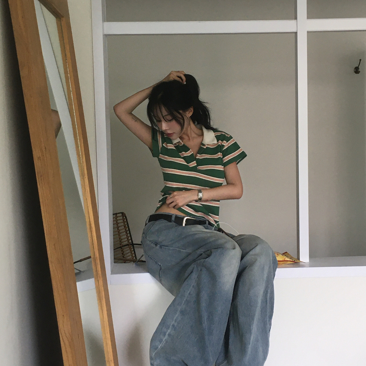 ストライプクロップカラーネック半袖Tシャツ GREEN