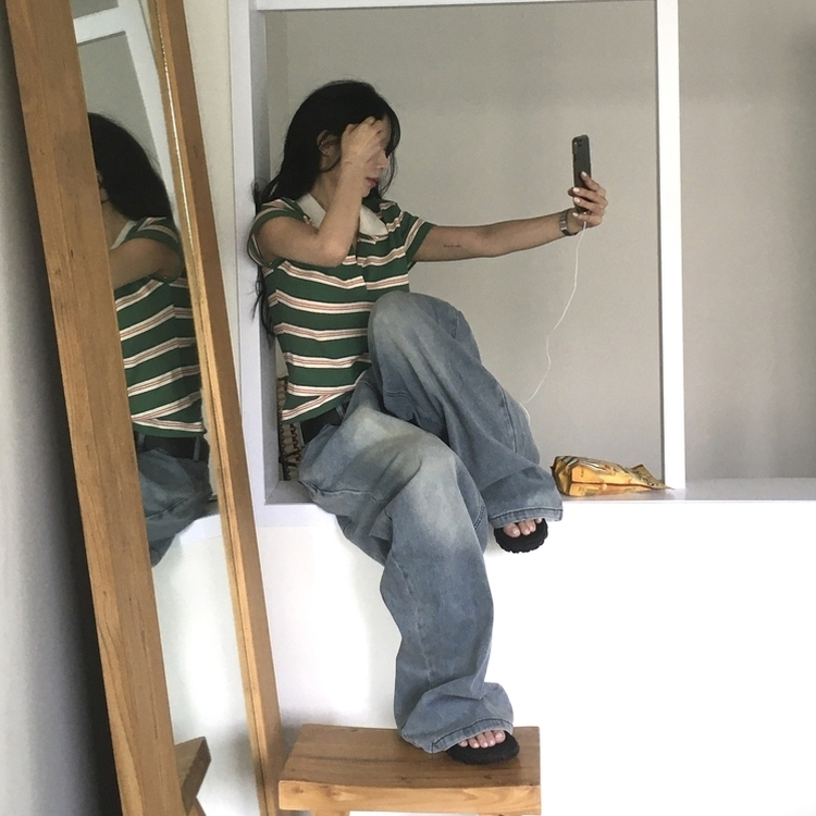 ストライプクロップカラーネック半袖Tシャツ GREEN