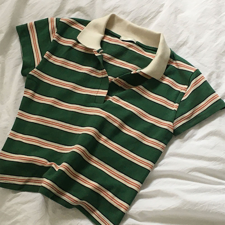 ストライプクロップカラーネック半袖Tシャツ