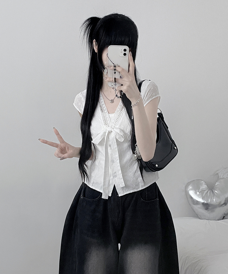 リボンVネックキャップスリーブブラウス WHITE