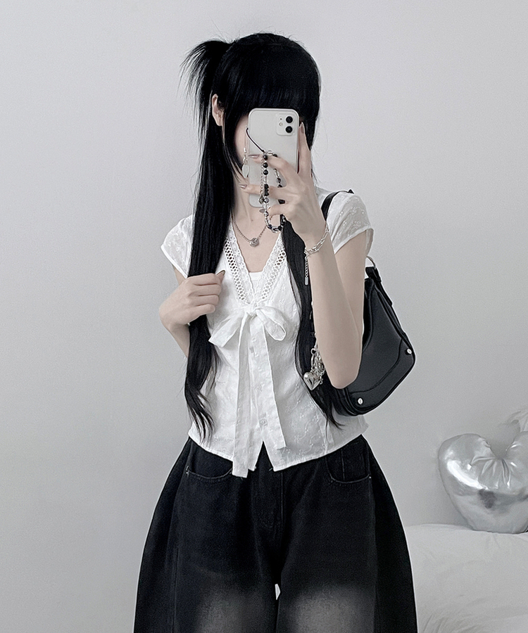 リボンVネックキャップスリーブブラウス WHITE