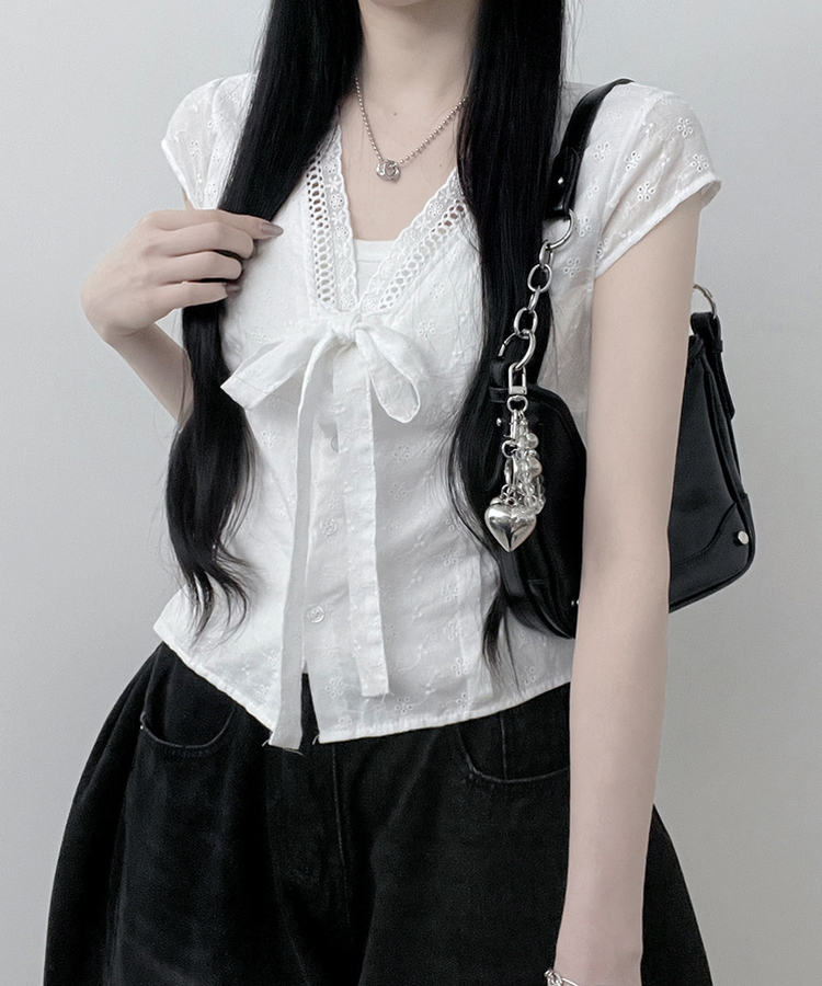 リボンVネックキャップスリーブブラウス WHITE